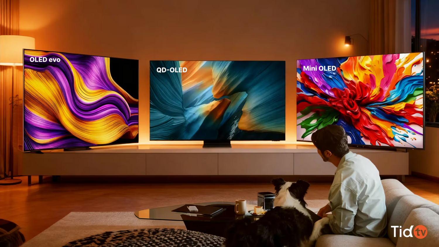 Three TVs: QD-OLED, OLED evo, Mini-LED displayed together in a living room