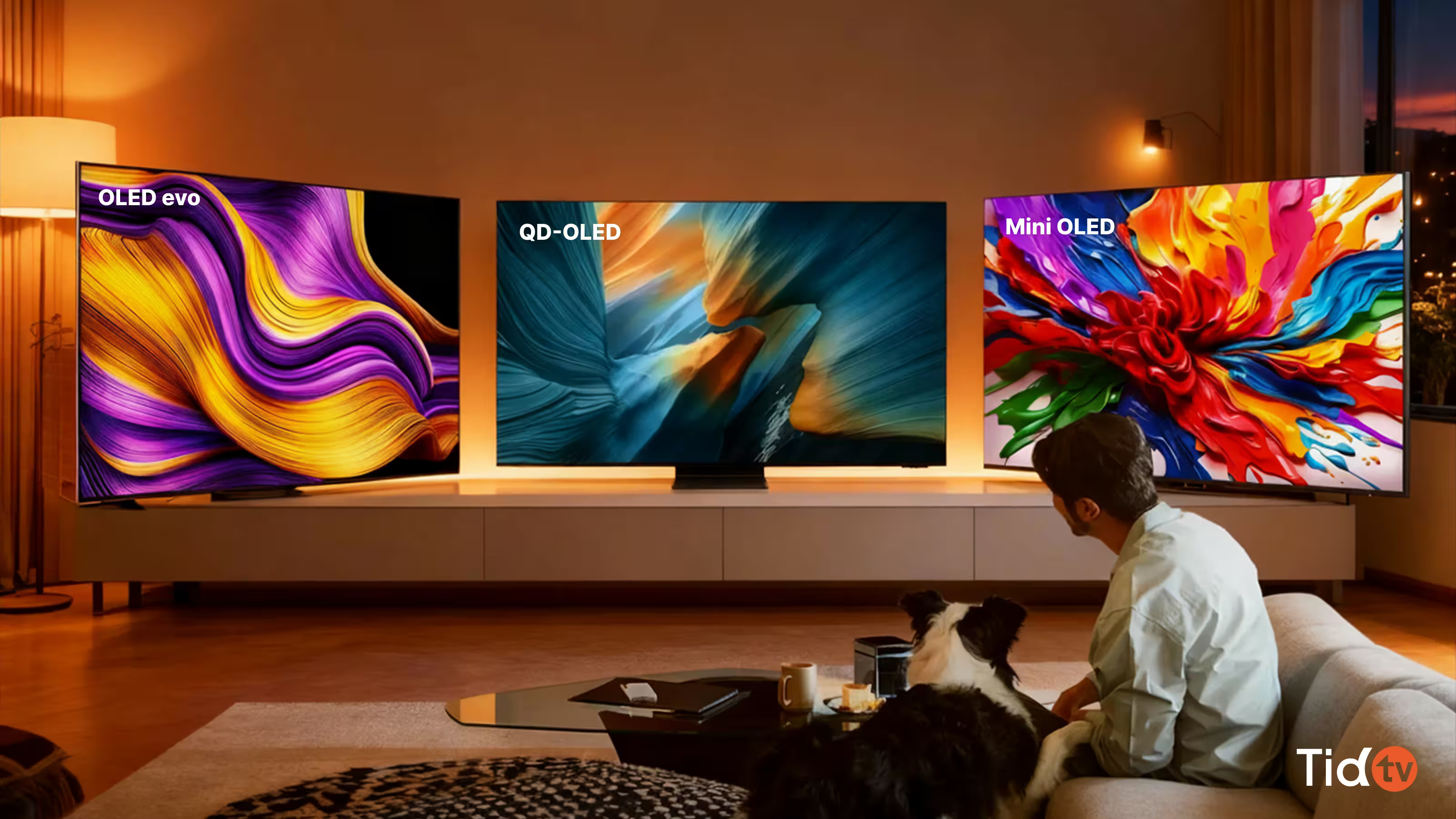 Three TVs: QD-OLED, OLED evo, Mini-LED displayed together in a living room