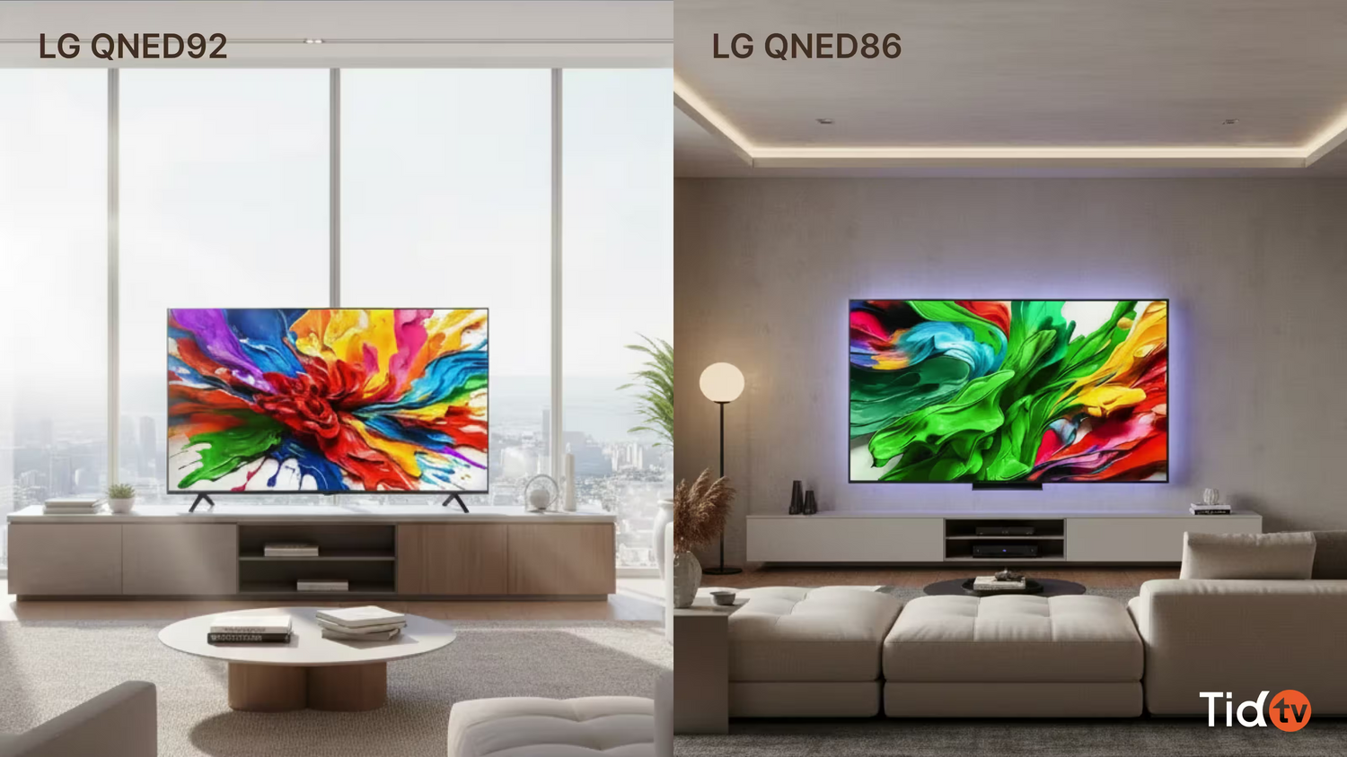 LG QNED92 และ QNED86 ในสองห้อง ต่างกันที่ห้องสว่างมากกับห้องนั่งเล่นแสงปานกลาง