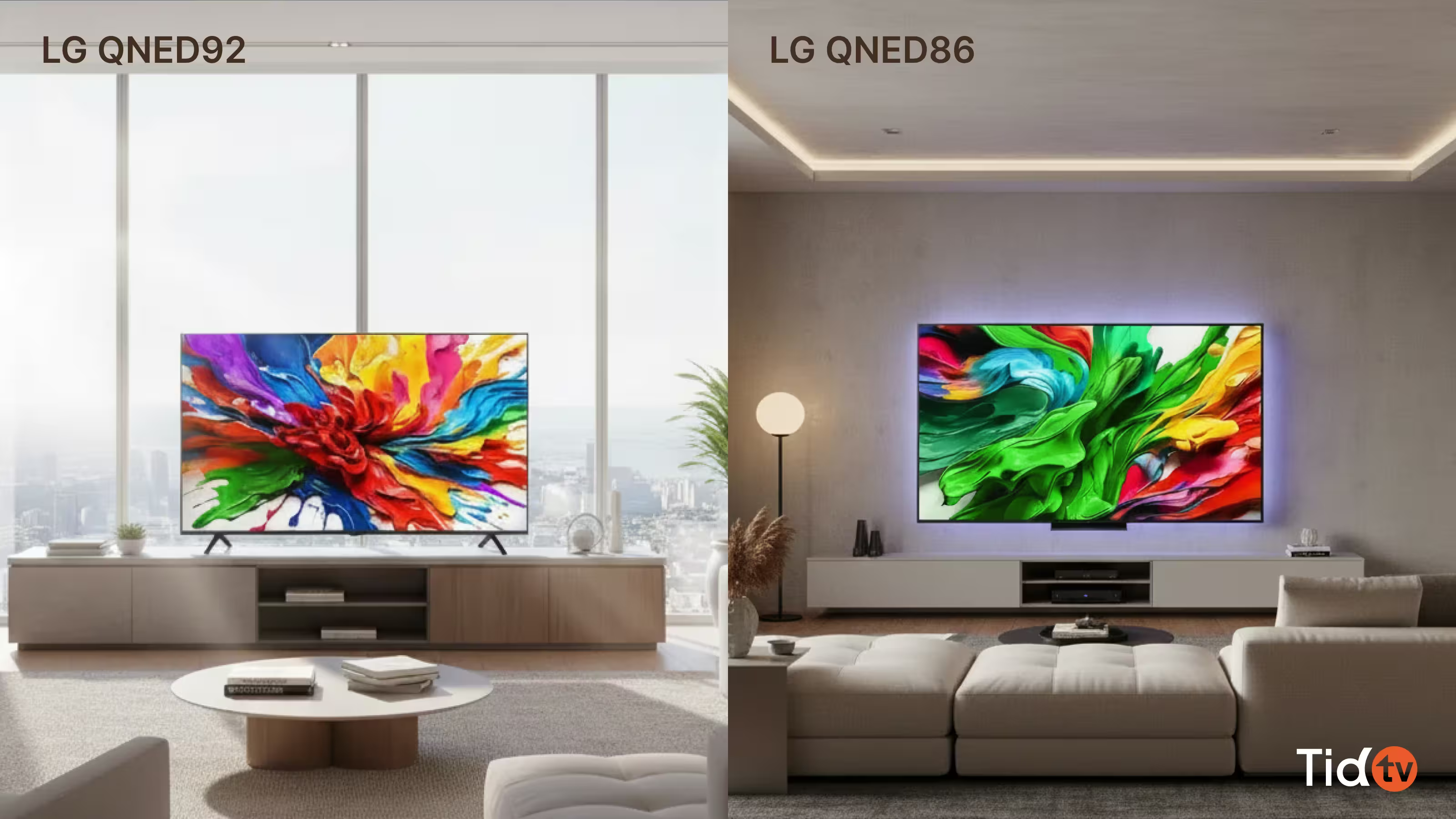 LG QNED92 และ QNED86 ในสองห้อง ต่างกันที่ห้องสว่างมากกับห้องนั่งเล่นแสงปานกลาง
