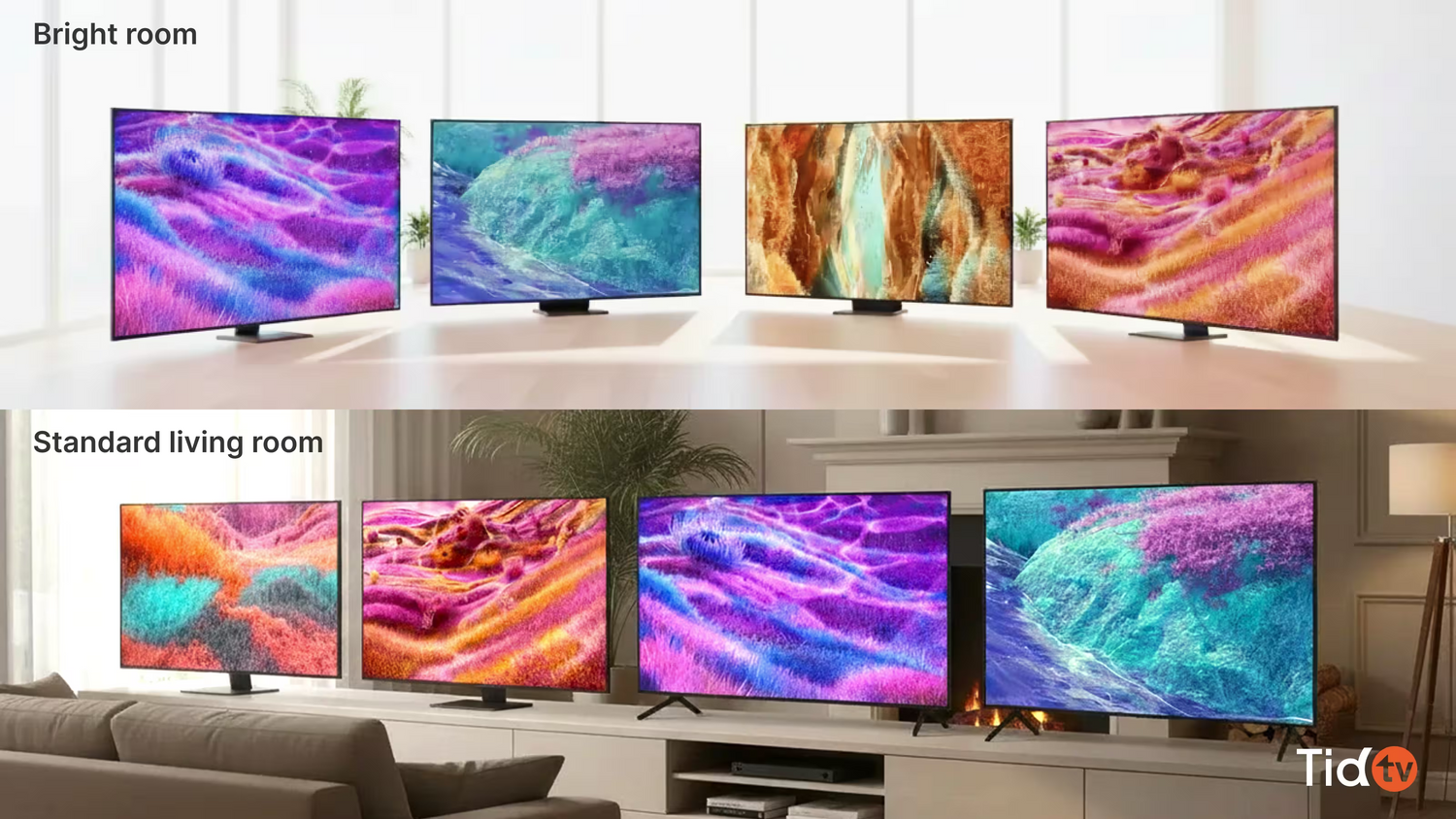 ทีวี Samsung Neo QLED 4K รุ่น QN90F QN80F QN70F และ QN1EF วางในห้องที่มีแสงสว่างมากและห้องนั่งเล่นทั่วไป