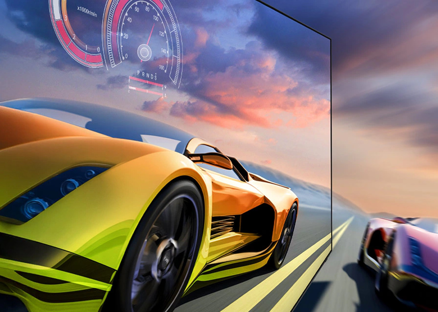 High-performance car on a racetrack with a large screen displaying a racing game.