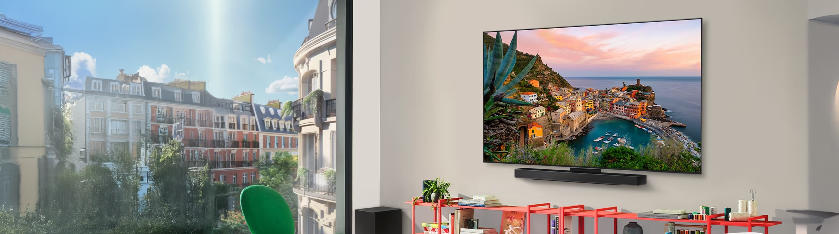 Modern living room with a large TV displaying a scenic view, surrounded by urban architecture.