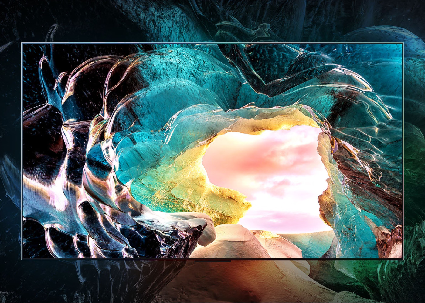Abstract digital art with a central glowing pink and yellow sphere surrounded by swirling blue and green colors.