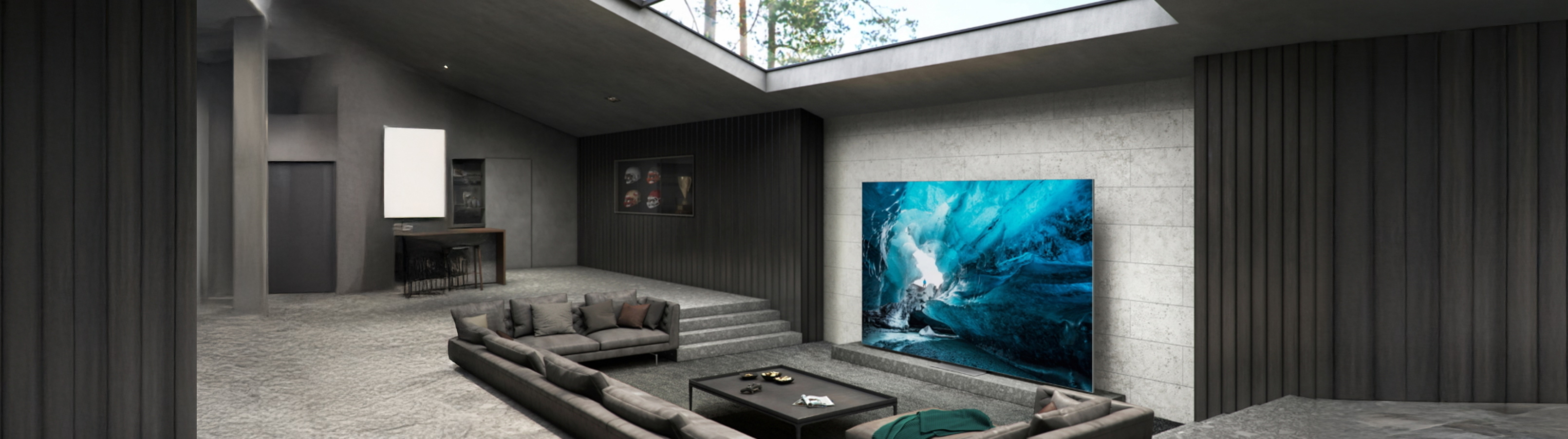 Modern living room with a large TV displaying an ocean scene.
