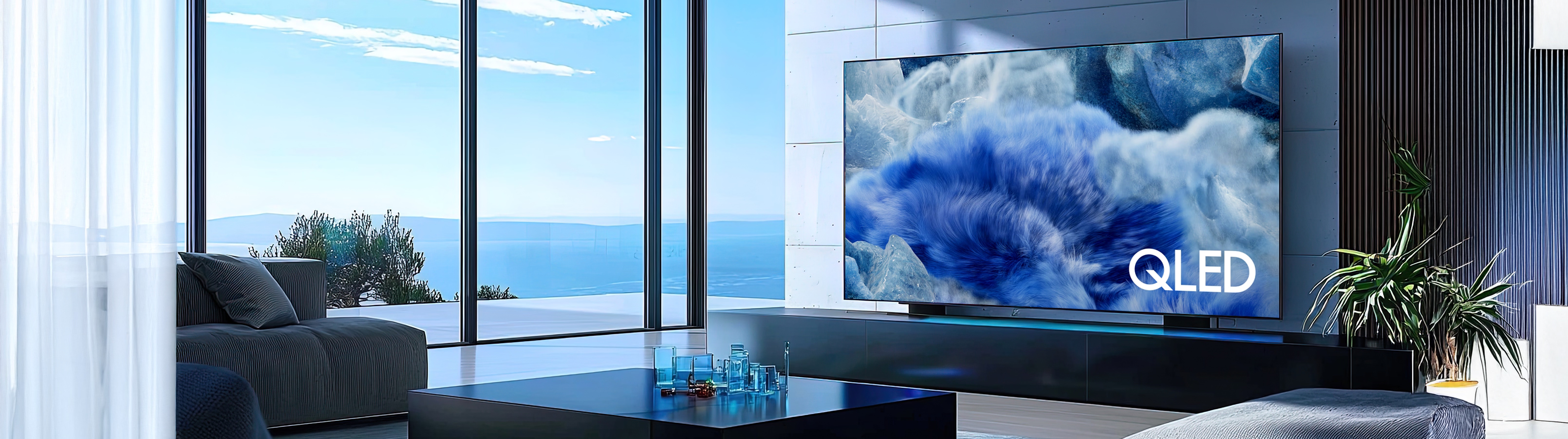 Modern living room with QLED TV displaying a blue abstract image.
