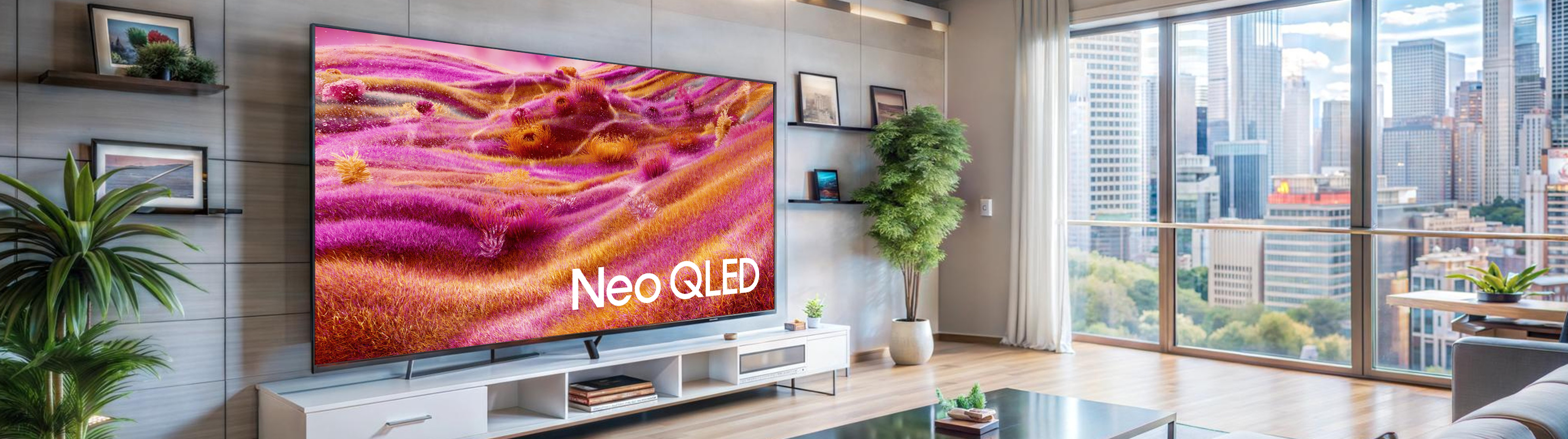 Modern living room with a large Neo QLED TV displaying vibrant colors, surrounded by cityscape view.