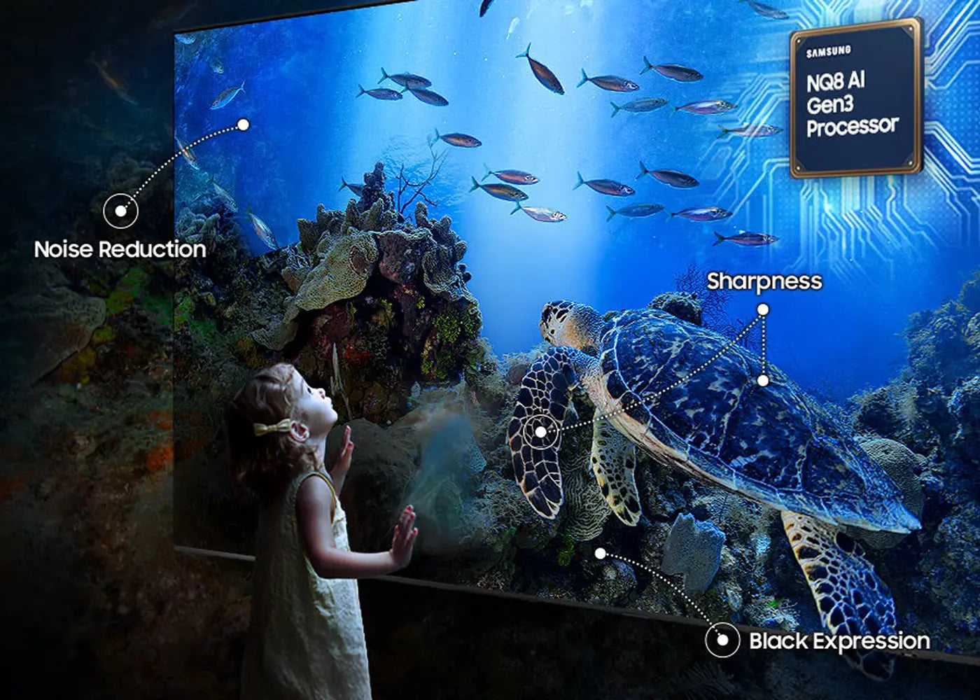Person looking at an aquarium scene on a large screen with text highlighting features like noise reduction, sharpness, and black expression.