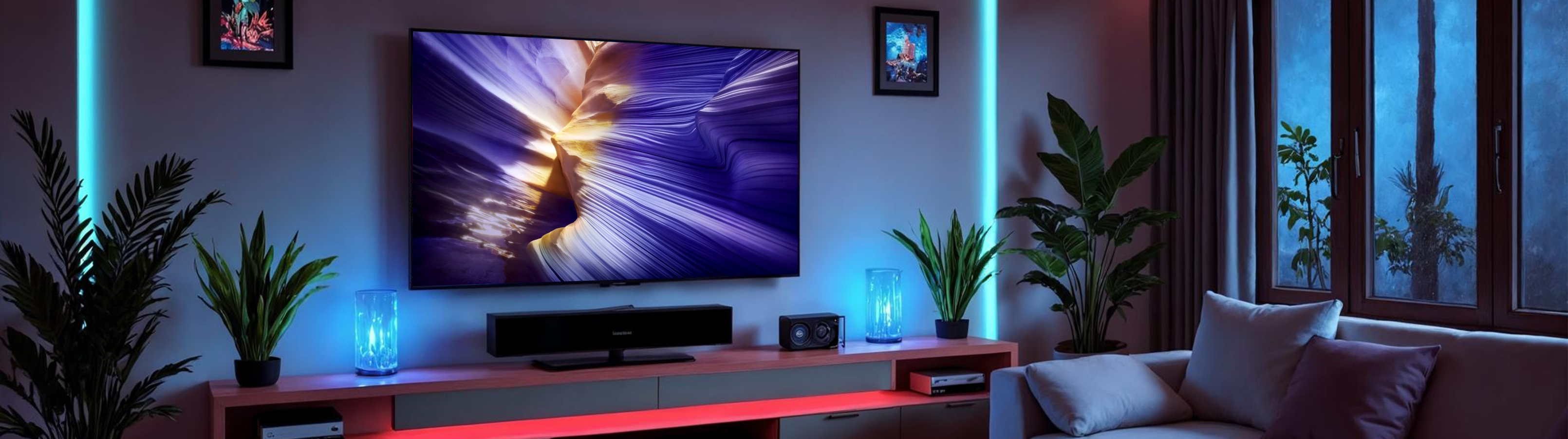 Modern living room with a large TV, soundbar, and decorative plants.