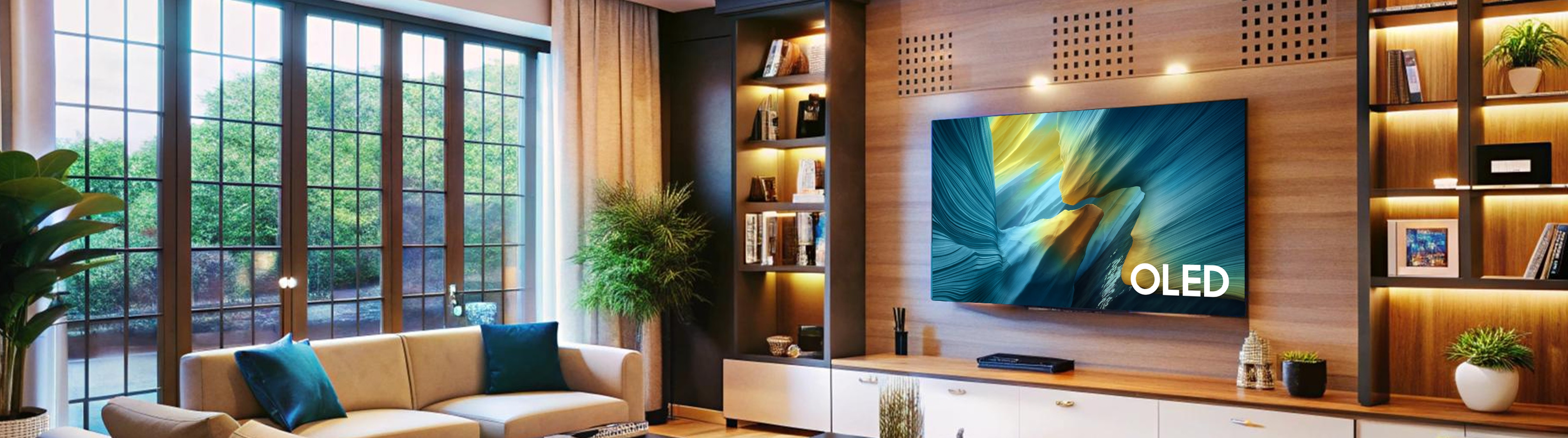 Modern living room with a large TV displaying an OLED logo, surrounded by bookshelves and decor.