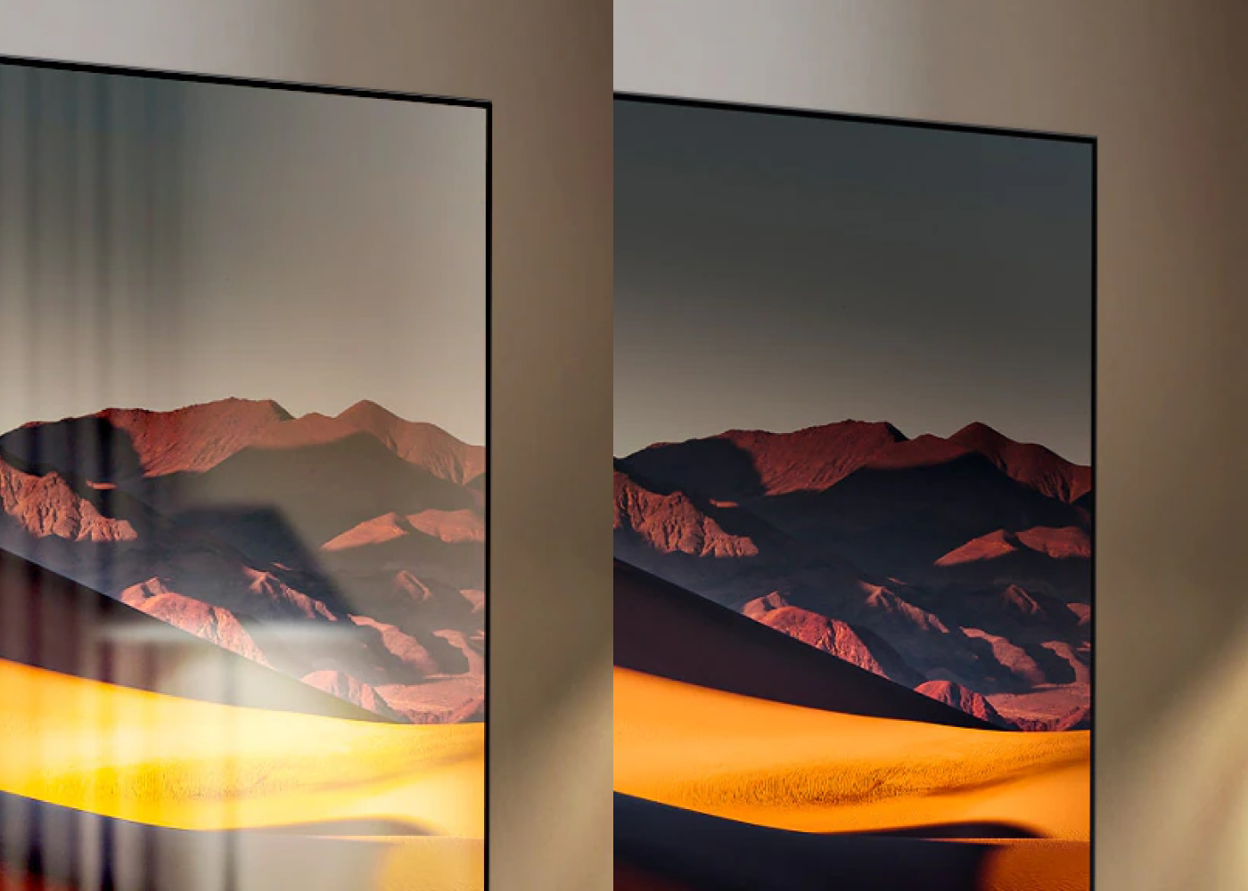 Two television screens displaying a mountain landscape with a focus on color and design.