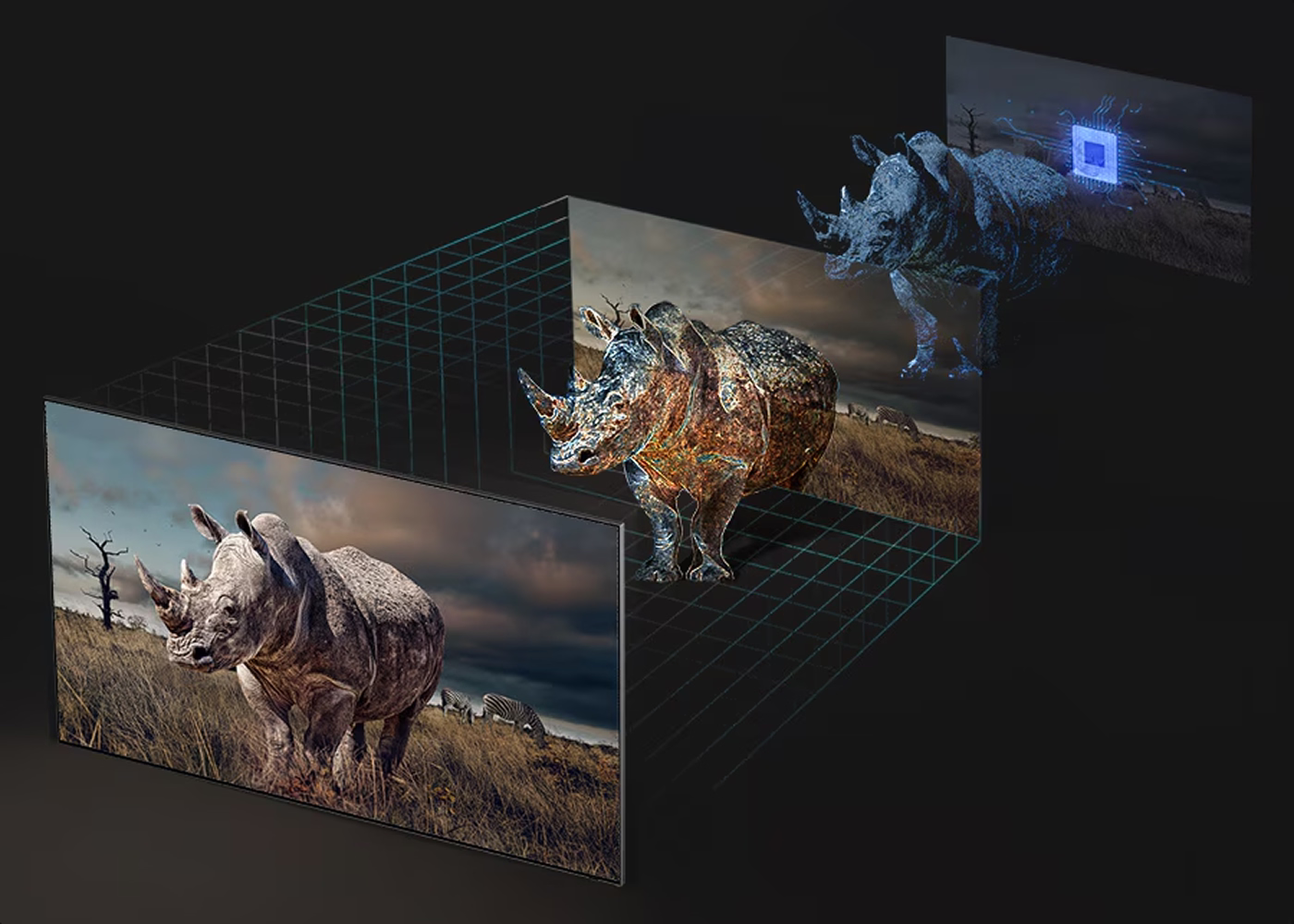 Three-dimensional rhinoceros model with digital grid and screen displaying a rhino image.