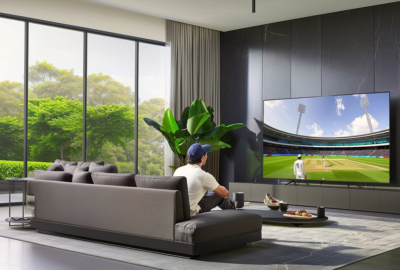 Man sitting on a couch in a modern living room watching a sports game on a large TV.