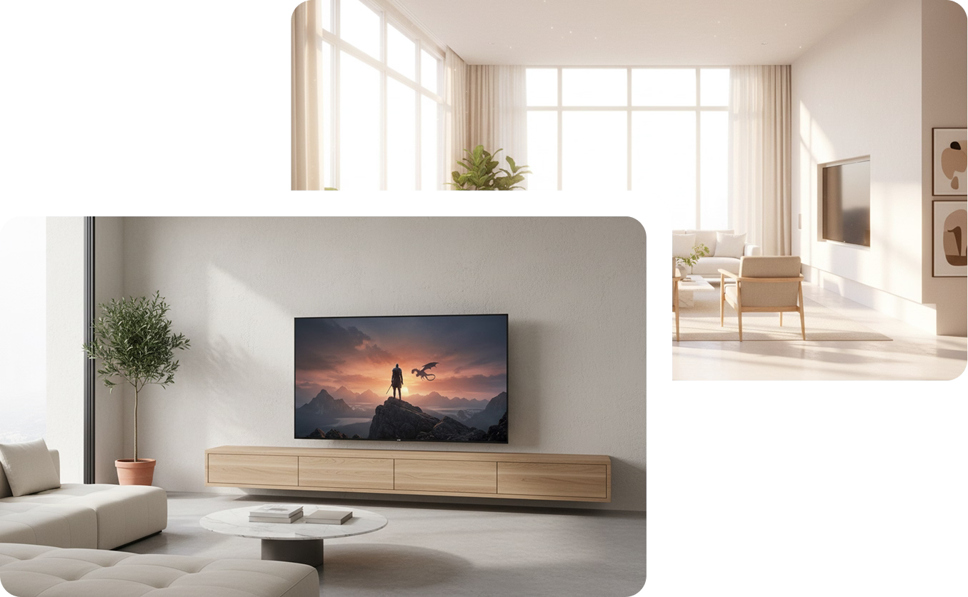 Modern living room with a television displaying a scenic scene, surrounded by neutral decor.