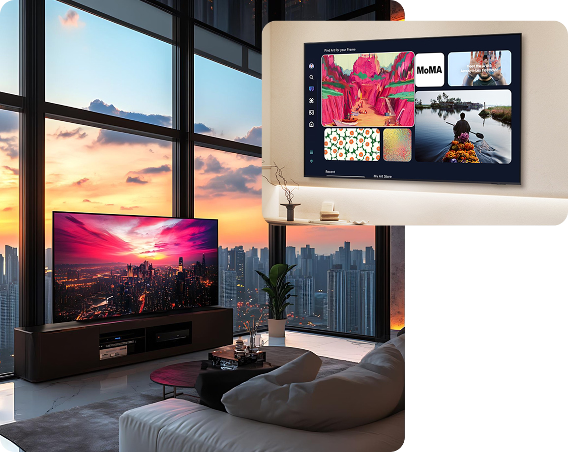 Modern living room with large windows, a sofa, and two flat-screen TVs displaying colorful content.