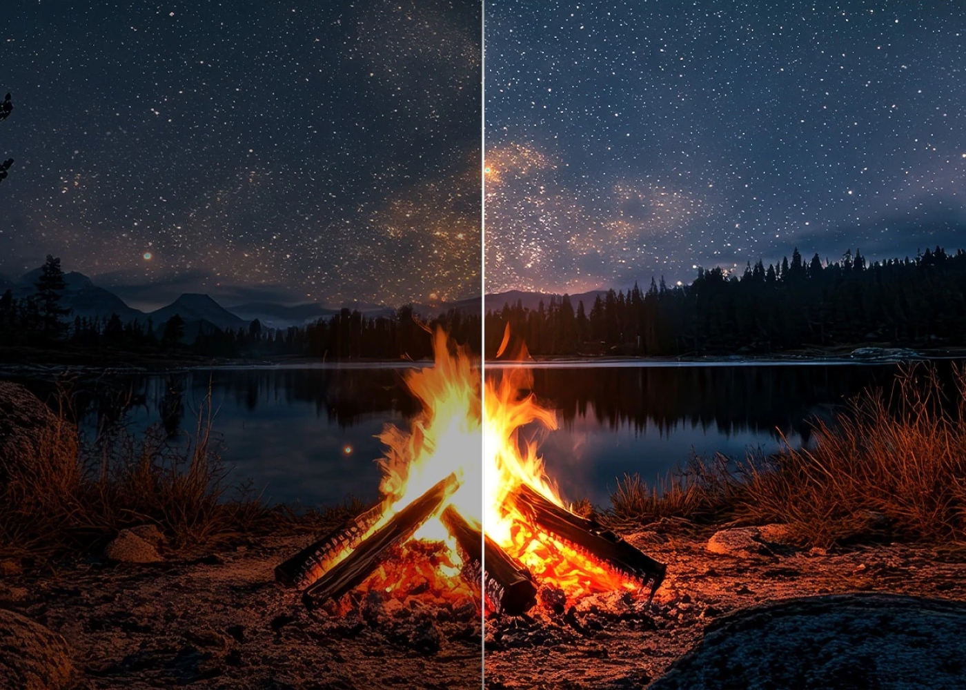 Two views of a campfire by a lake at night with stars in the sky.