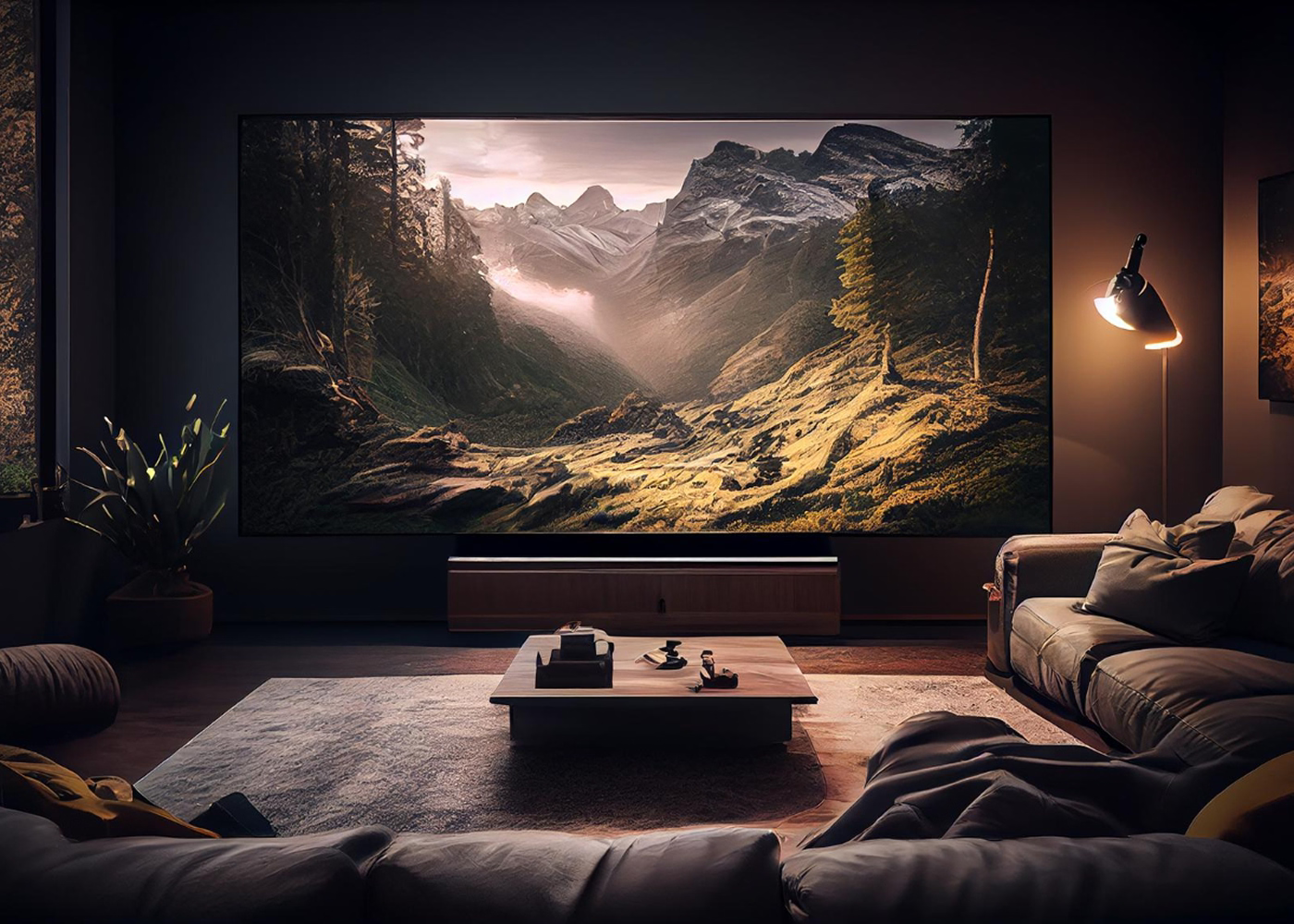 Living room with a large TV displaying a mountain landscape, dimly lit.