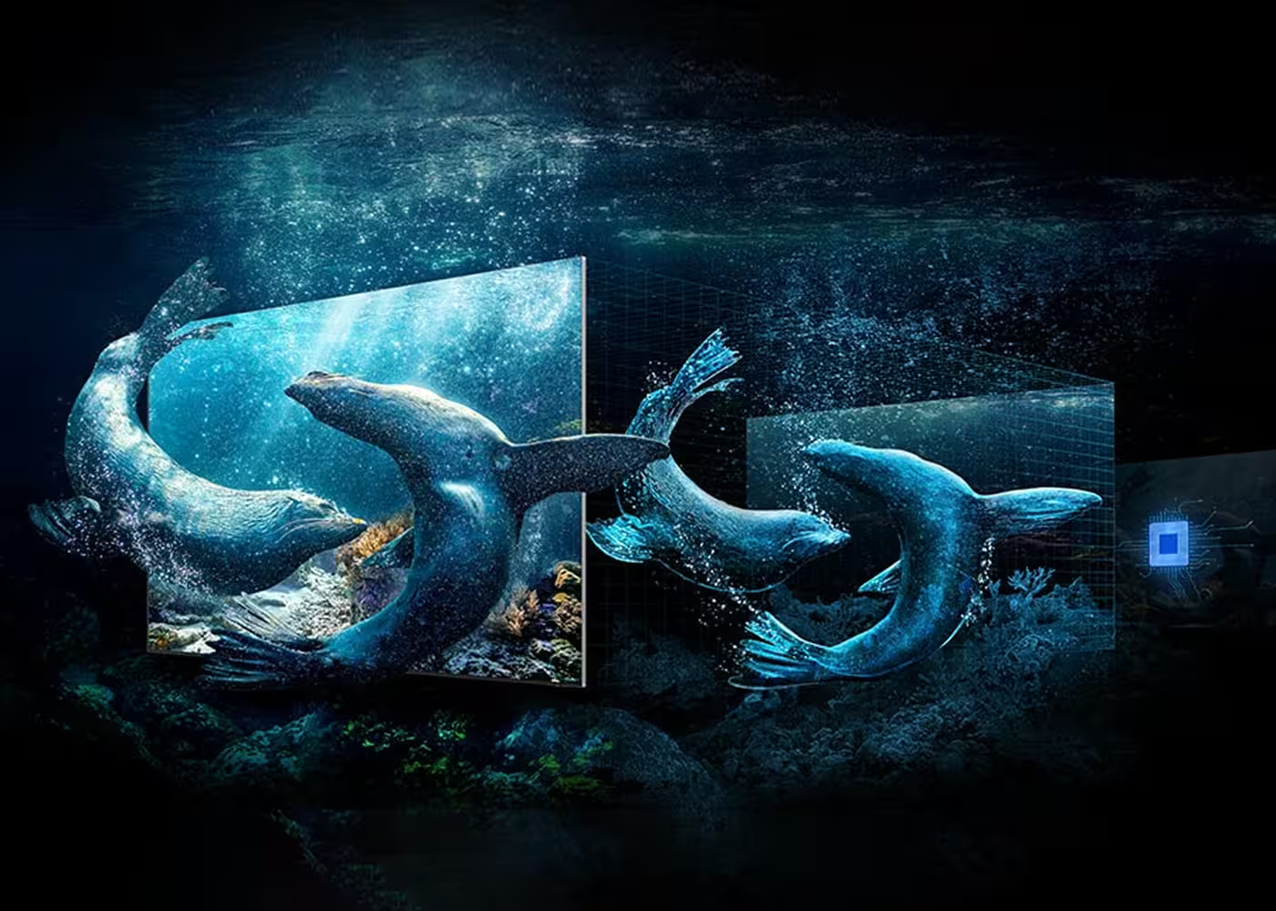 Television screen displaying an underwater scene with whales and a blue light.