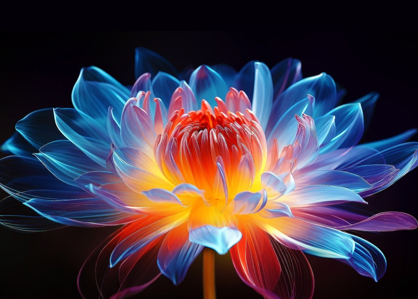 Colorful flower with blue and orange hues against a black background