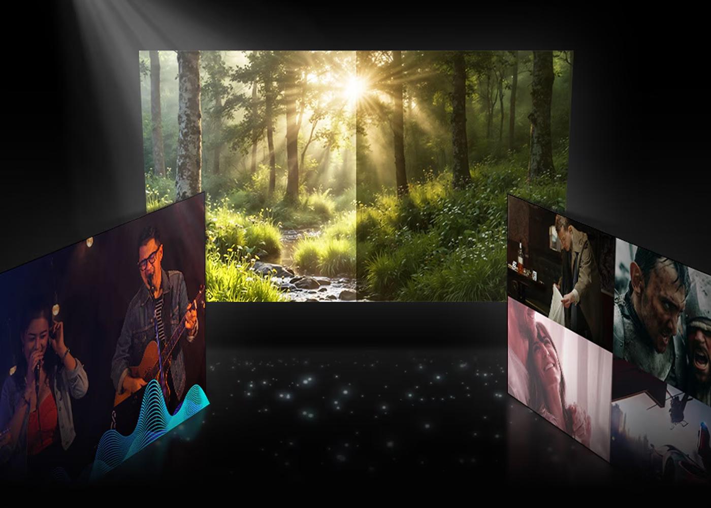 Collage of a forest scene with sunlight filtering through trees and close-up images of people.
