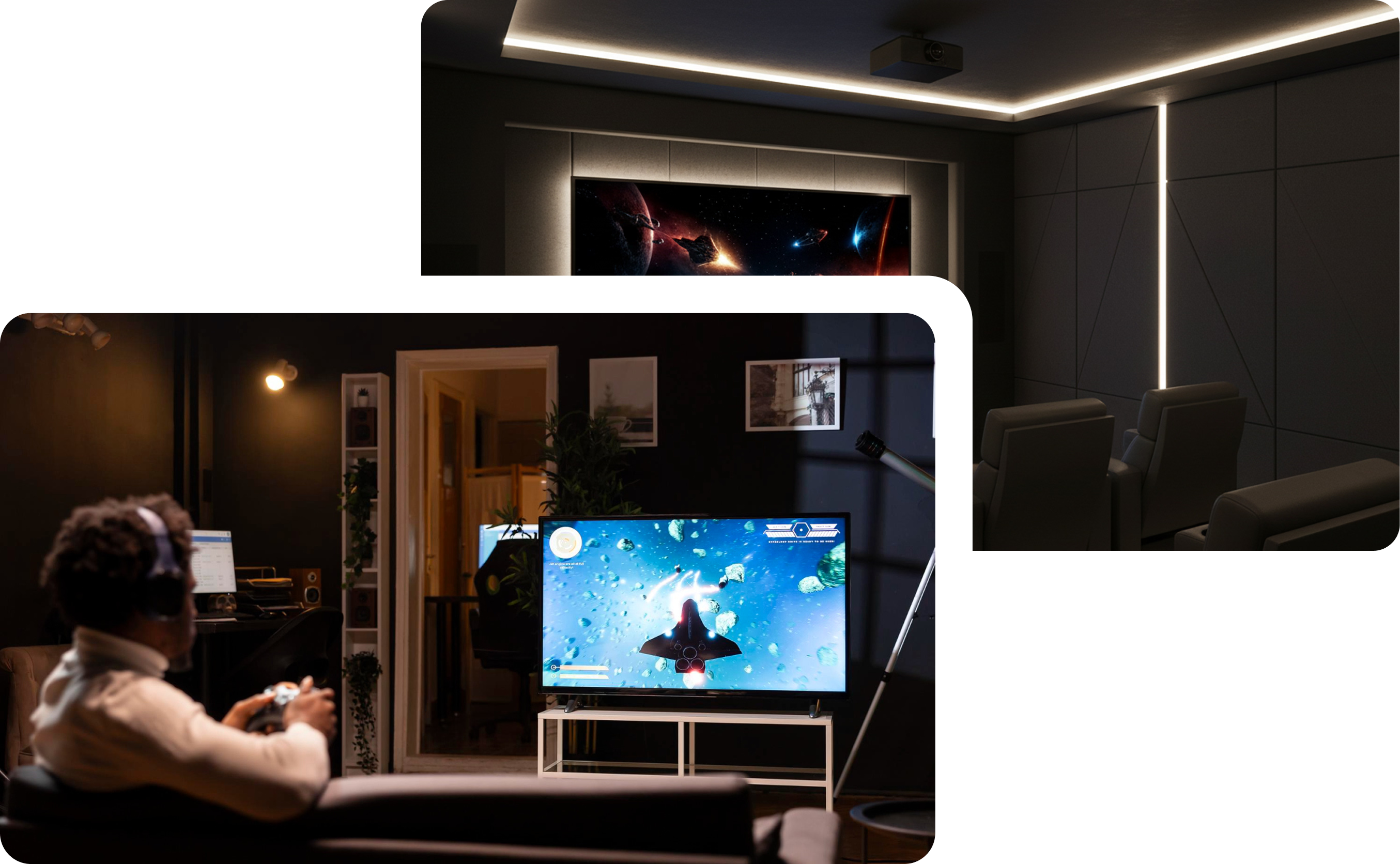 Person playing video games in a dimly lit room with multiple screens.