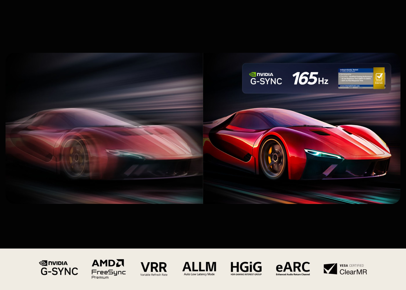 Red sports car displayed on a screen with NVIDIA G-SYNC and 165Hz specifications.