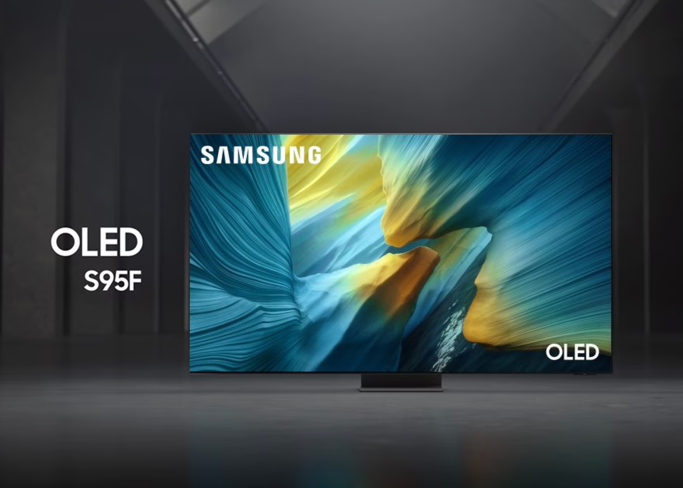 Samsung OLED S95F television displaying a colorful abstract design on a dark background