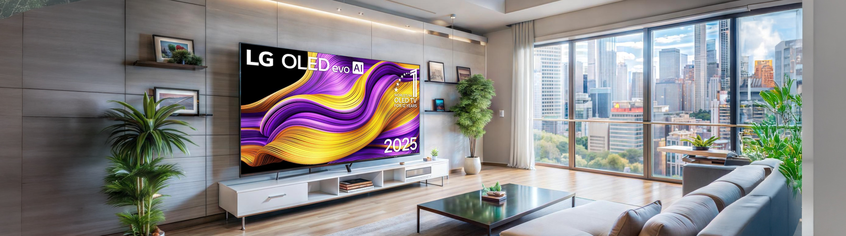 LG OLED TV in a modern living room with city view