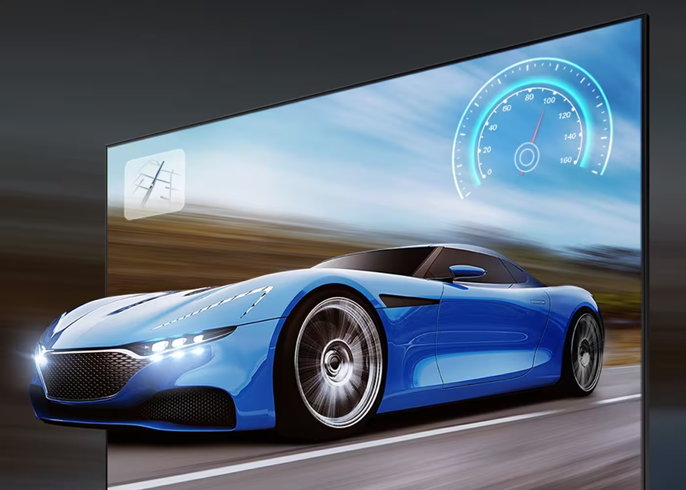 Blue sports car on a road with a large screen displaying a car interface.