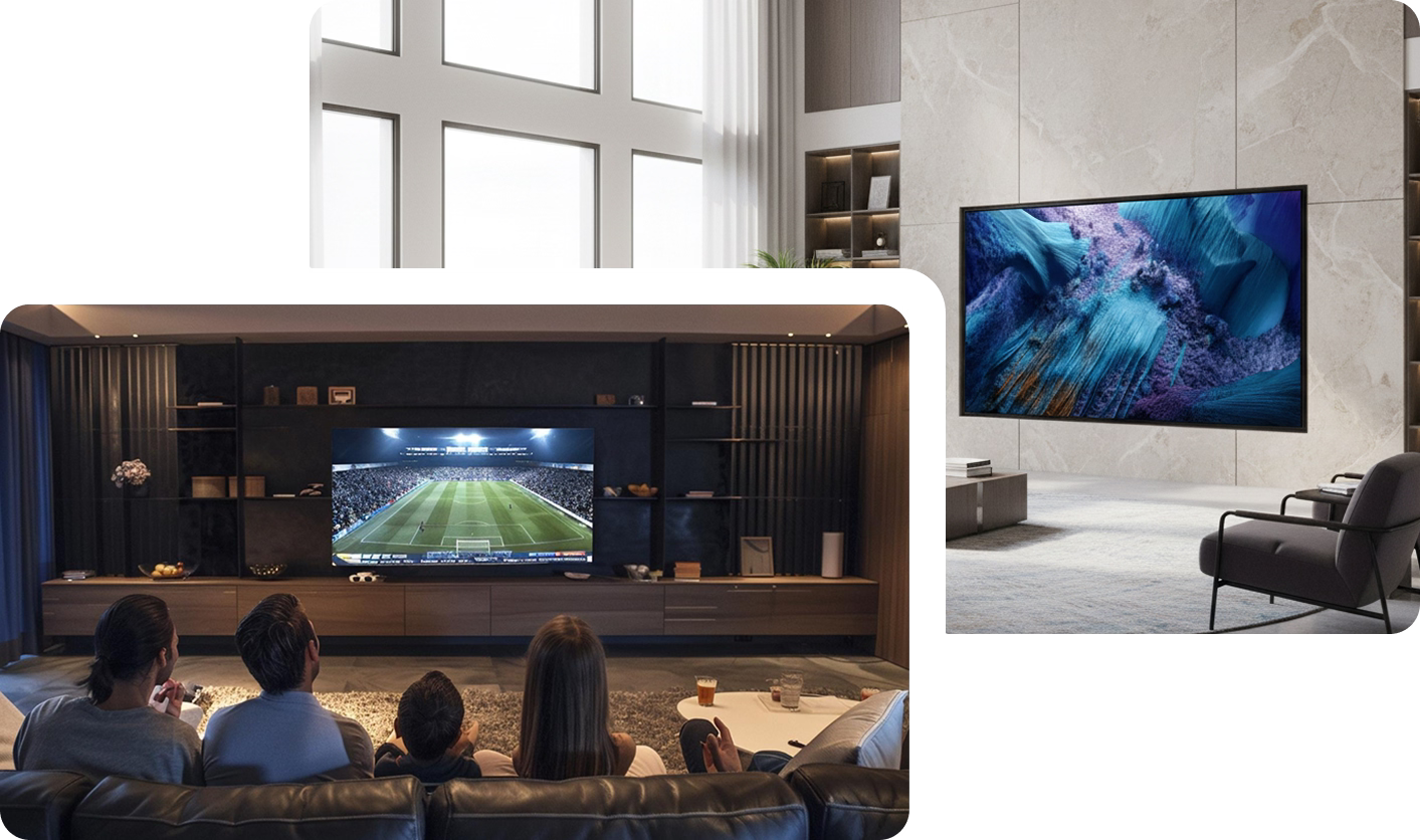 Two scenes of people watching TV in a living room setting.