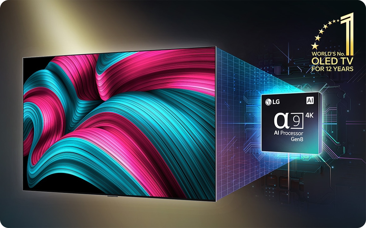 LG OLED TV with a colorful display and AI Processor Gen8 logo on a dark background