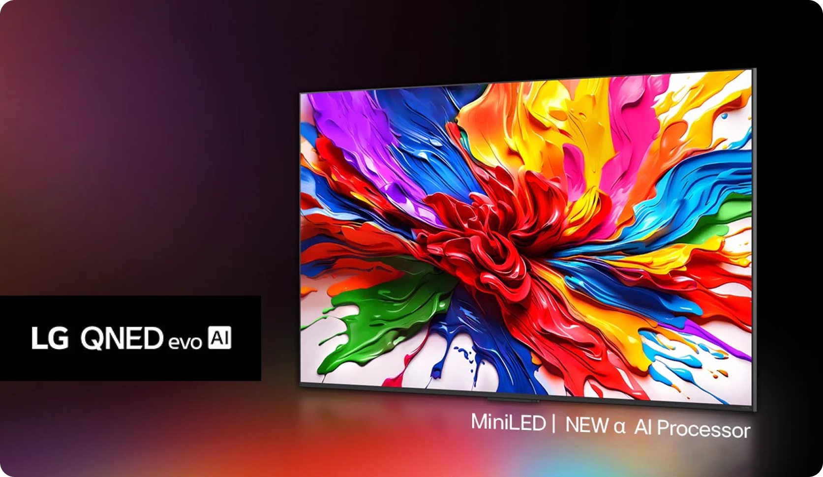 LG QNED evo AI television displaying a colorful abstract design with branding text.