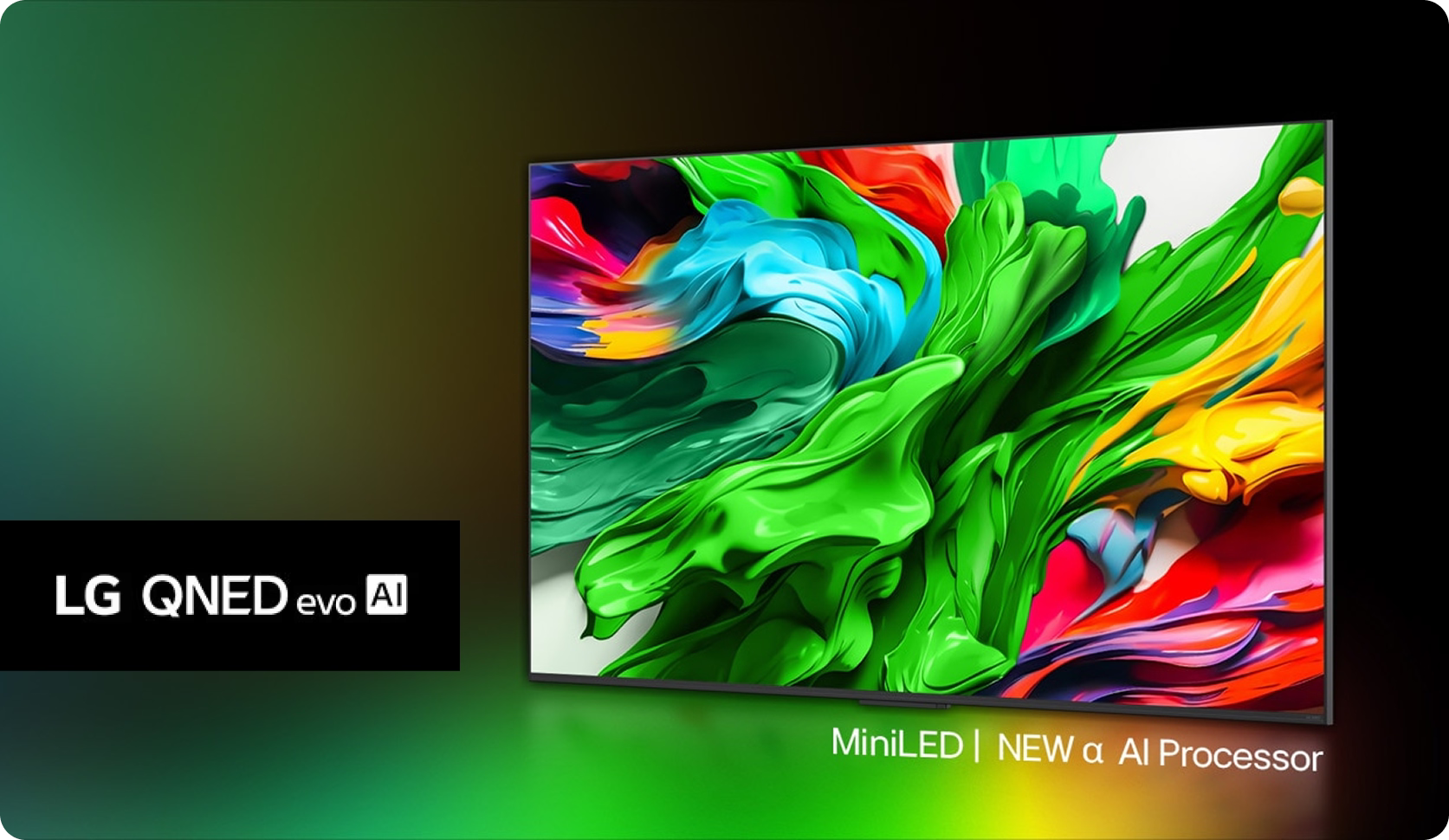LG QNED evo AI television with colorful display and branding on a gradient background