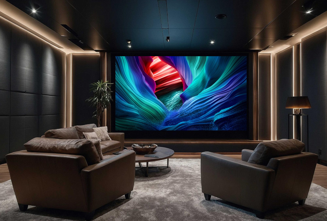 Modern living room with a large TV displaying vibrant colors, surrounded by brown furniture.