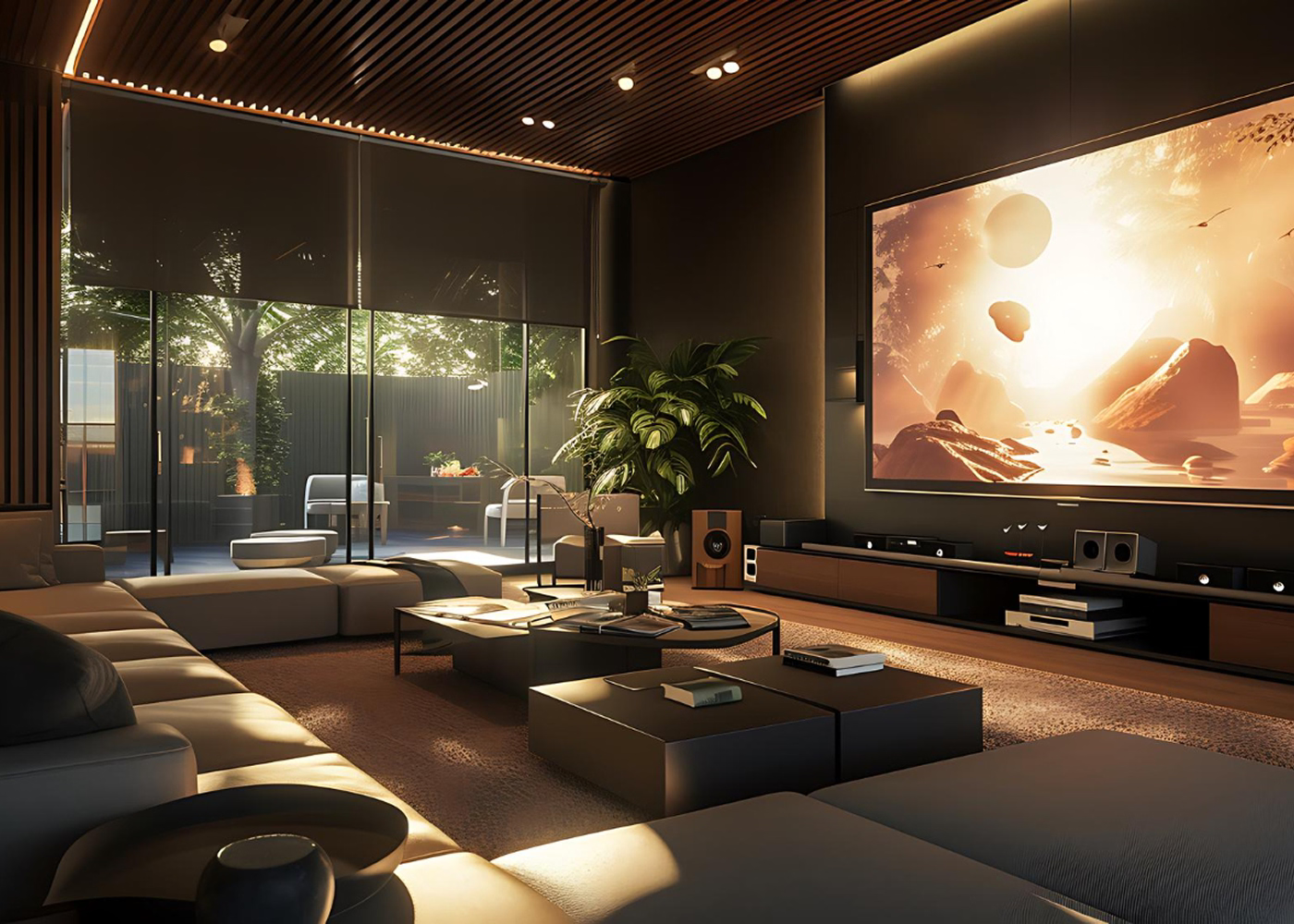 Modern living room with a large movie screen displaying an action scene.
