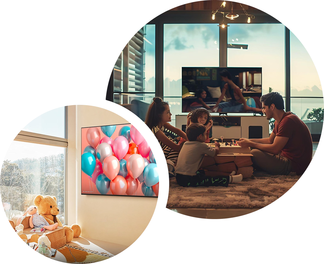 Family playing chess in a room with large windows and colorful balloons on the wall.