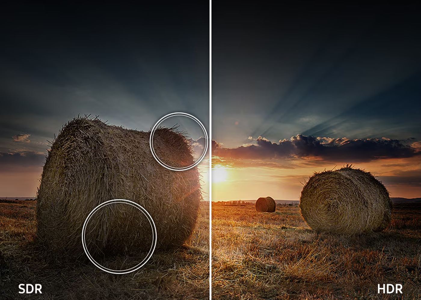 Comparison of SDR and HDR images of a hay bale in a field with sunset.