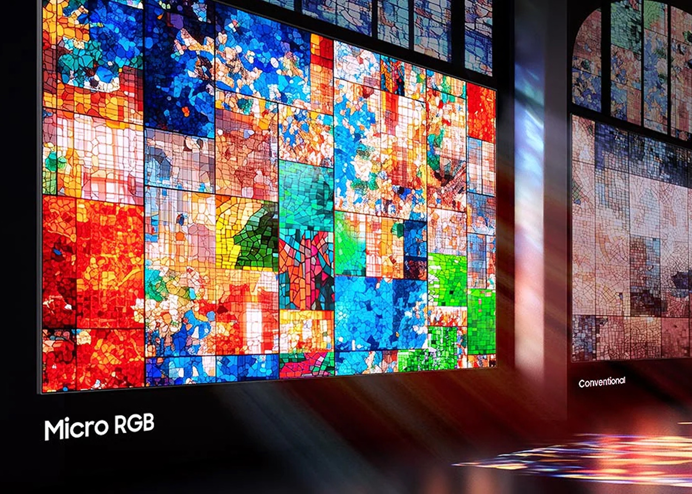 Display of Micro RGB technology with colorful pixelated pattern on screen