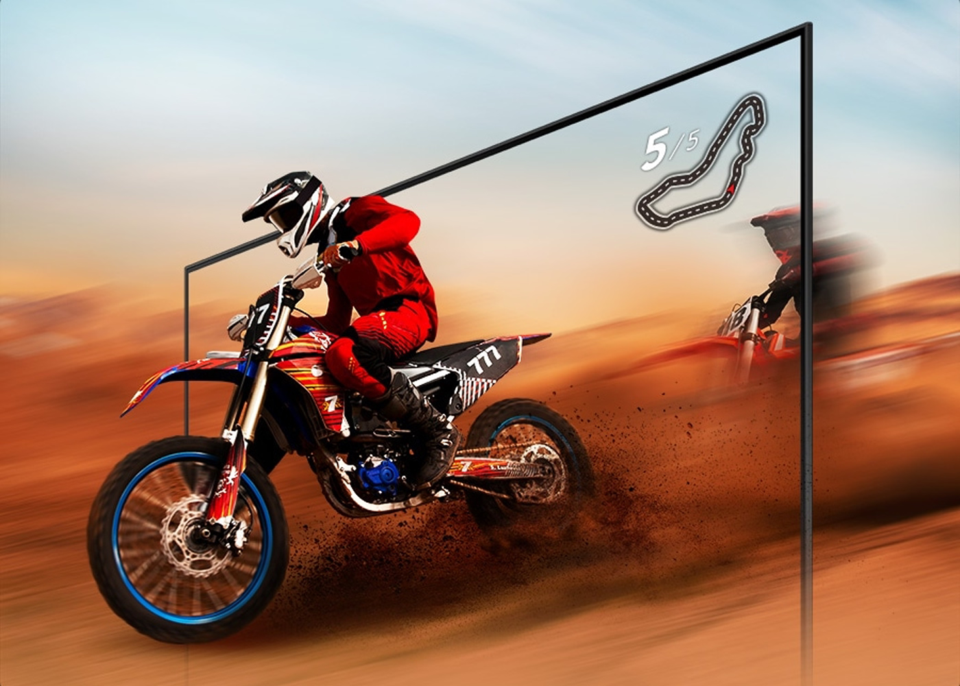 Motorcycle racer on a dirt track with a TV screen overlay showing a racing game.