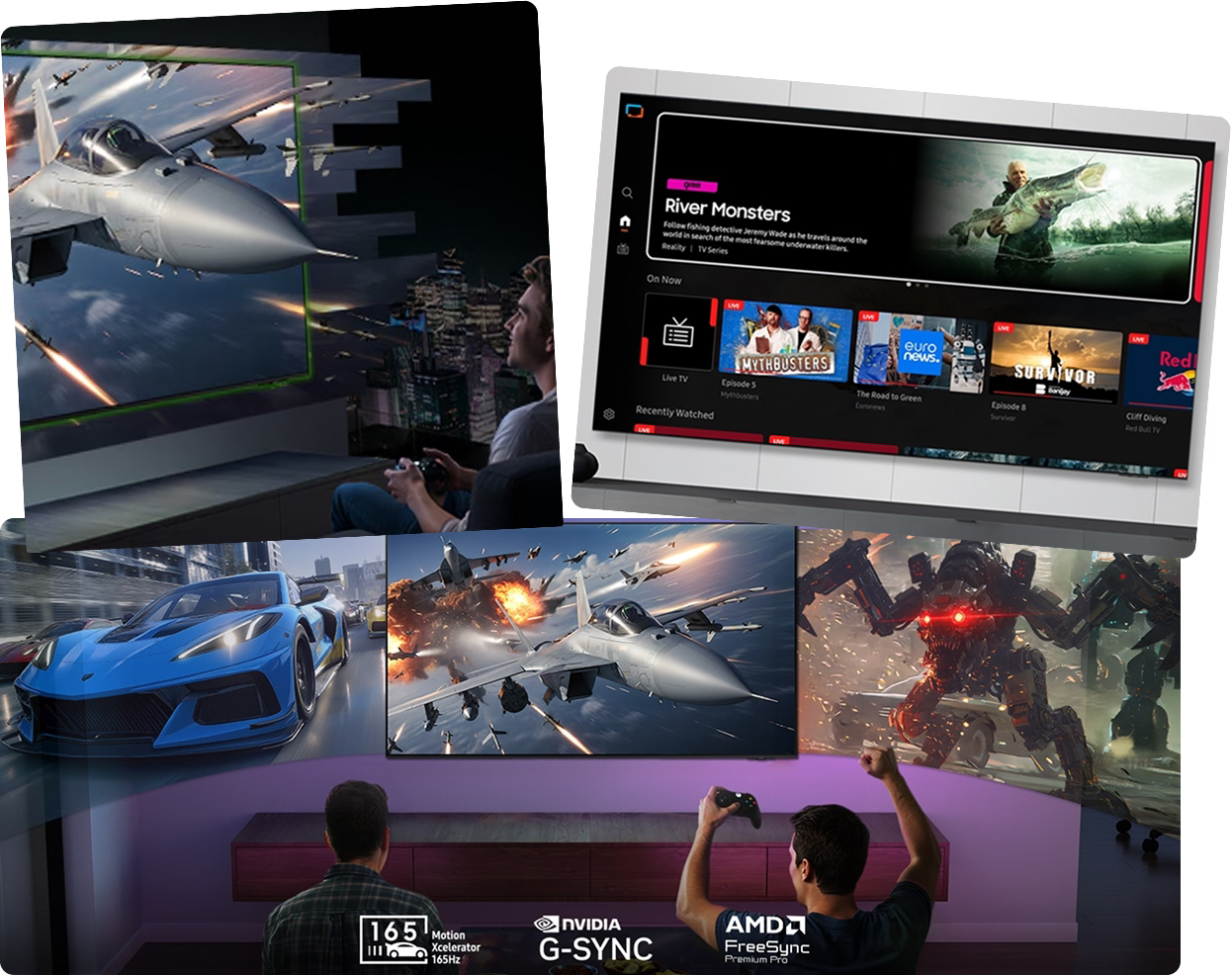 Collage of a gaming setup with multiple monitors displaying action scenes and a person playing.
