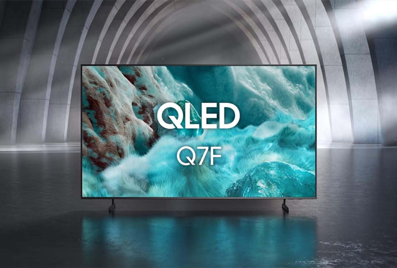 QLED TV displaying a nature scene with 'QLED Q7F' branding in a modern room.