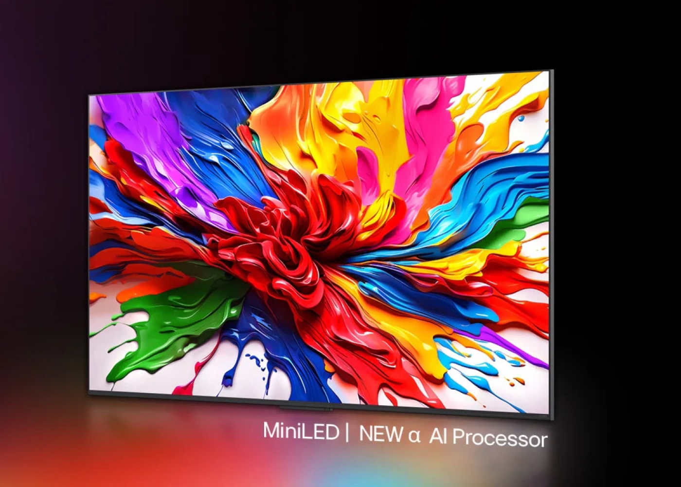 Colorful abstract design on a television screen with 'MiniLED | NEW α AI Processor' text.