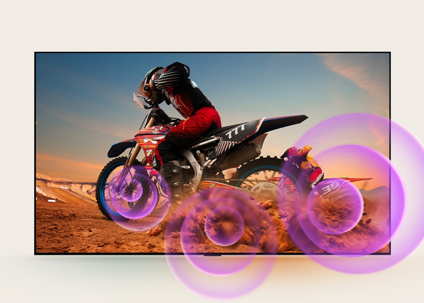 TV screen displaying a motocross rider on a dirt bike with a colorful display effect.
