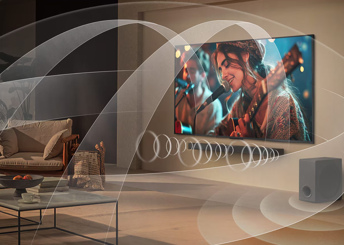 Living room with a large TV displaying a concert scene, surrounded by sound waves.