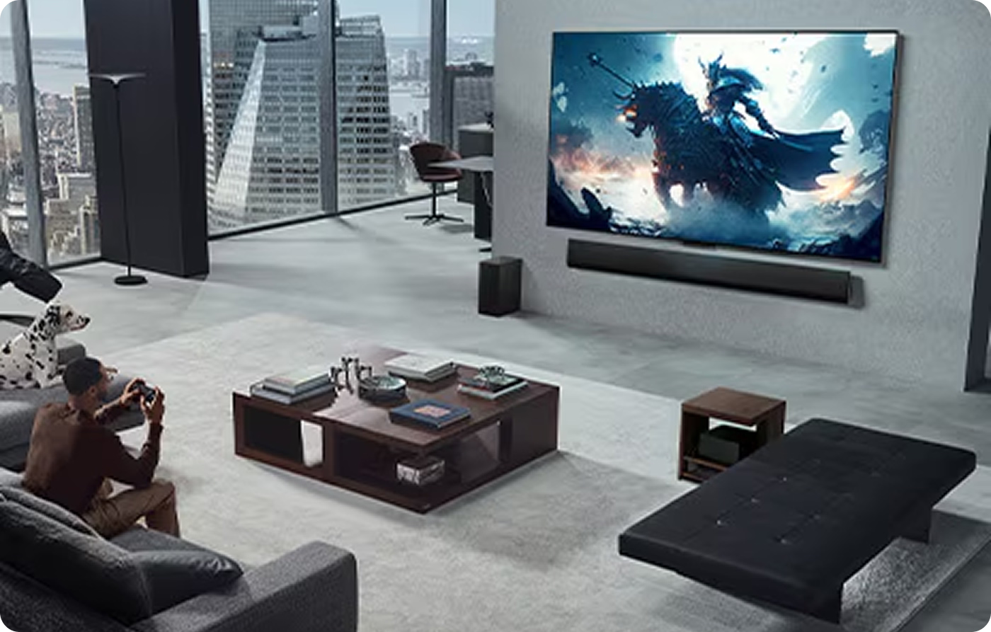 Modern living room with a large TV displaying a fantasy scene, surrounded by furniture and decor.