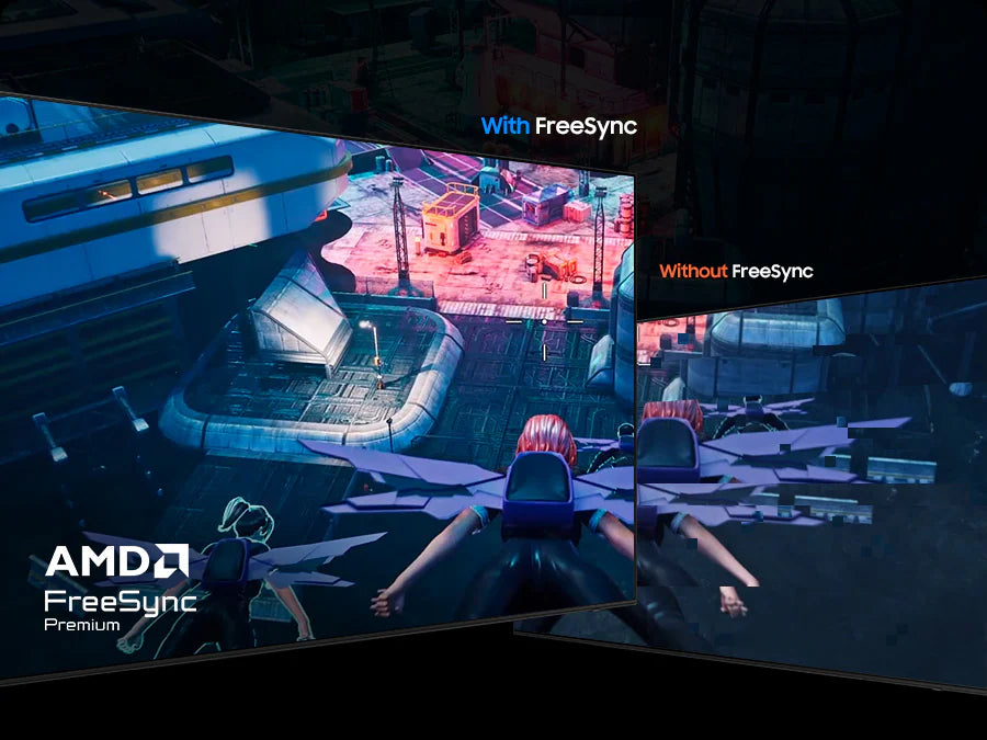 Gaming monitor with AMD FreeSync technology showing a futuristic cityscape.