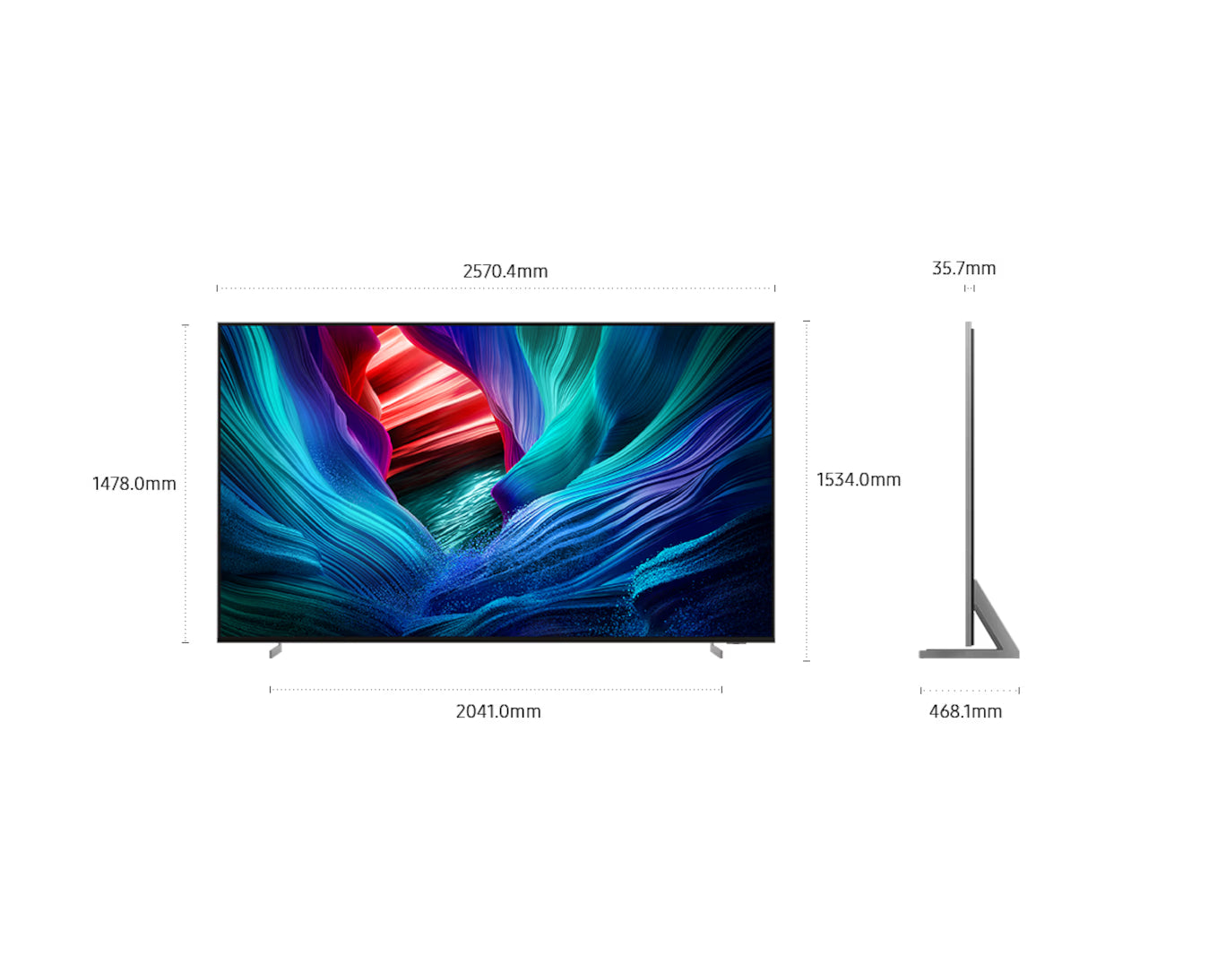 Smart TV with dimensions displayed on a white background