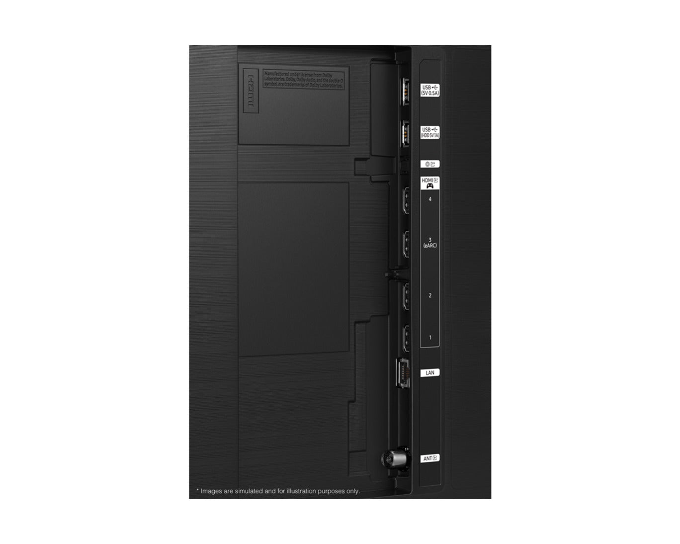 Black electronic device with ports and labels on a white background