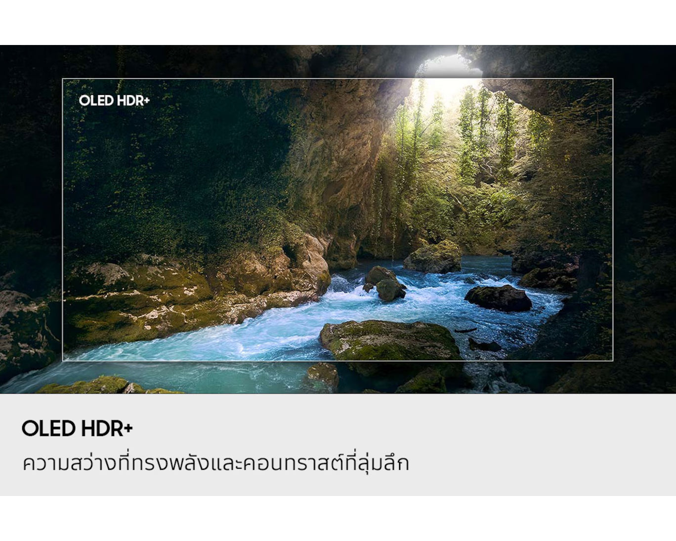 TV screen displaying a natural landscape with a cave and stream, featuring OLED HDR+ technology.