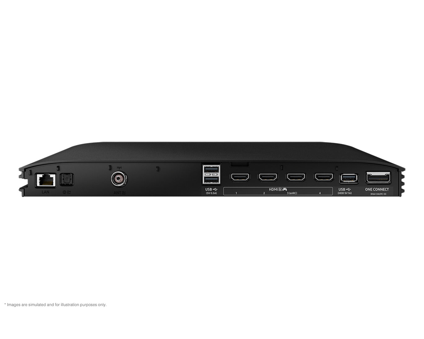Back view of a black electronic device with multiple ports on a white background